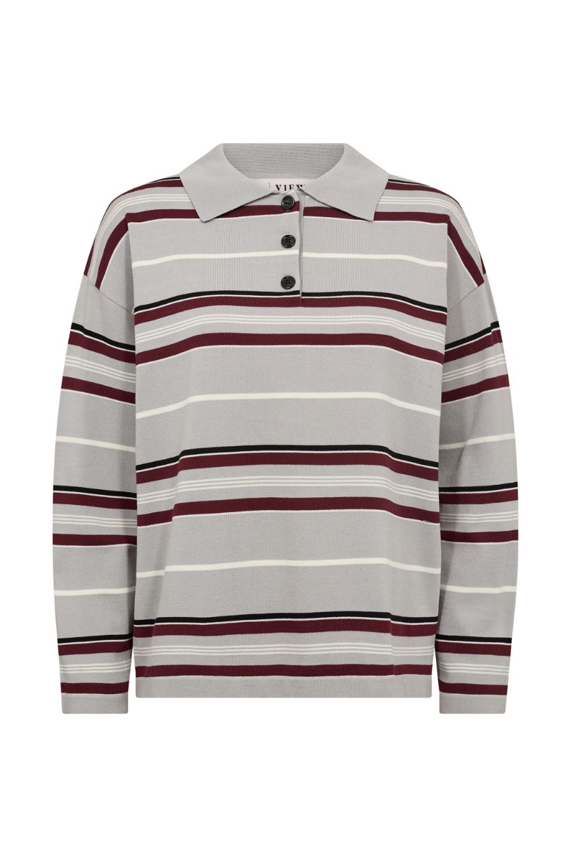 -view Bluse Polo Long Sleeve Stripe Knit Blouse Grey Off White